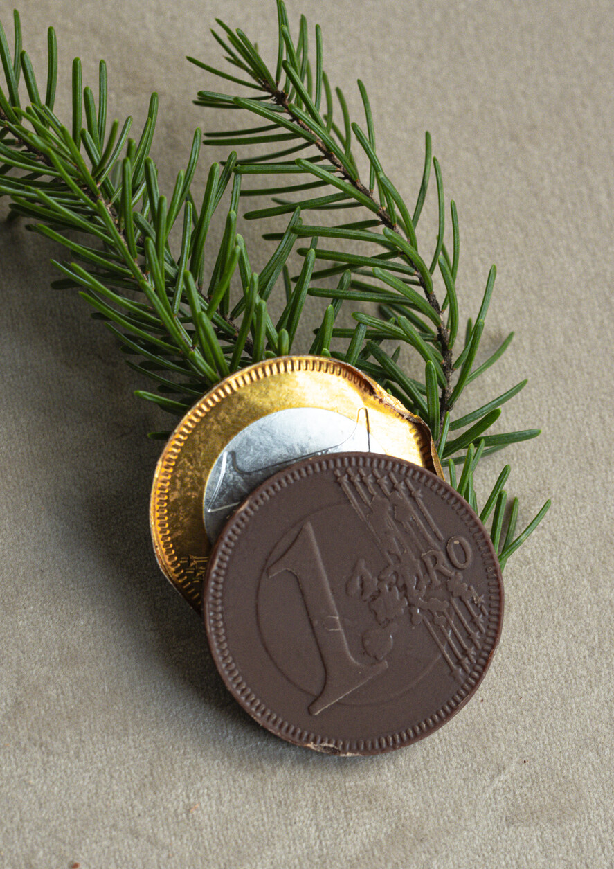 karten mit goldener Plexi-Anhänger Exklusive Weihnachtskarte mit Schokoladen-Taler mit Schleife, Firmen-Weihnachtskarten, mit Bändern, Individuelle für Firmen