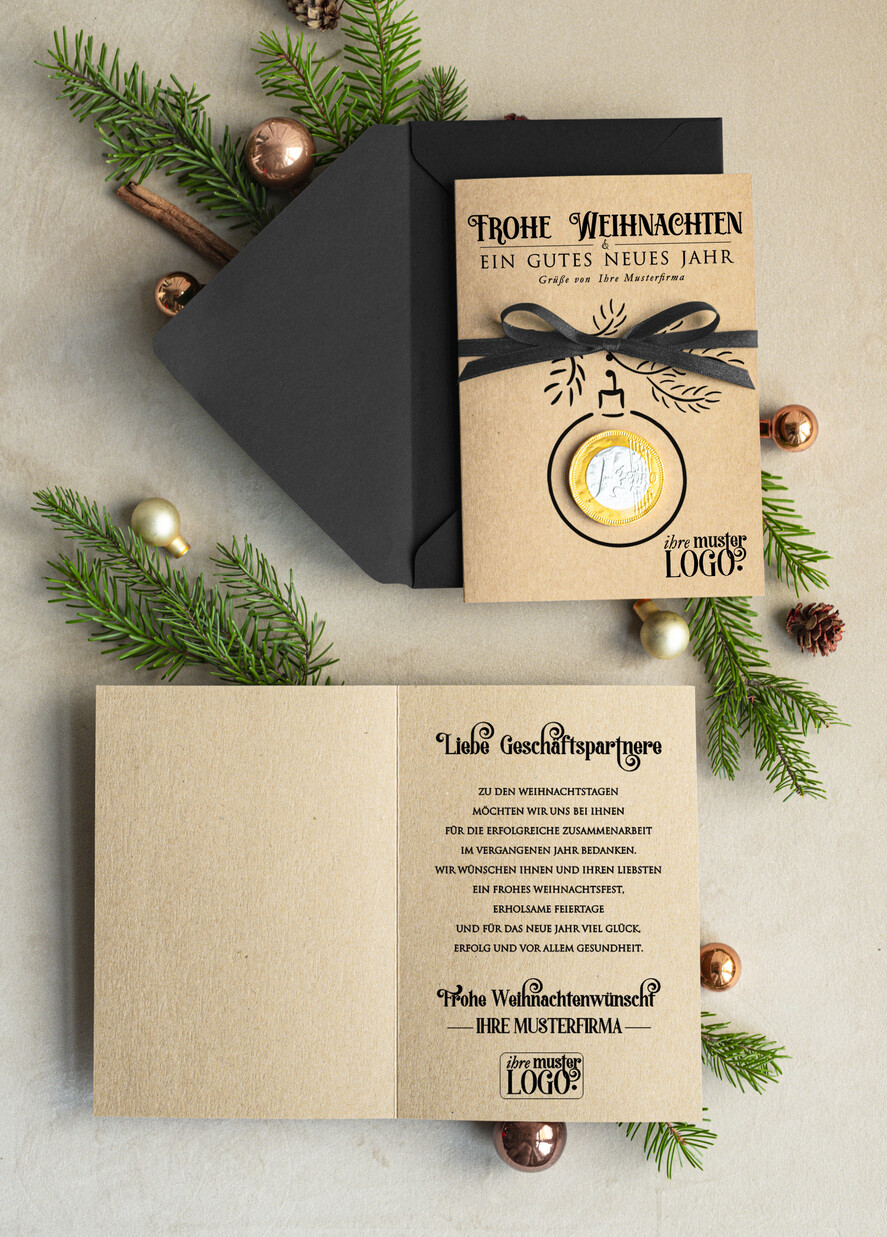 karten mit goldener Plexi-Anhänger Exklusive Weihnachtskarte mit Schokoladen-Taler mit Schleife, Firmen-Weihnachtskarten, mit Bändern, Individuelle für Firmen