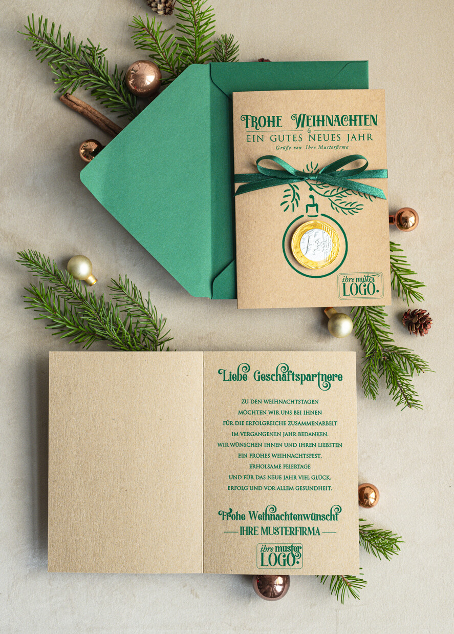 karten mit goldener Plexi-Anhänger Exklusive Weihnachtskarte mit Schokoladen-Taler mit Schleife, Firmen-Weihnachtskarten, mit Bändern, Individuelle für Firmen
