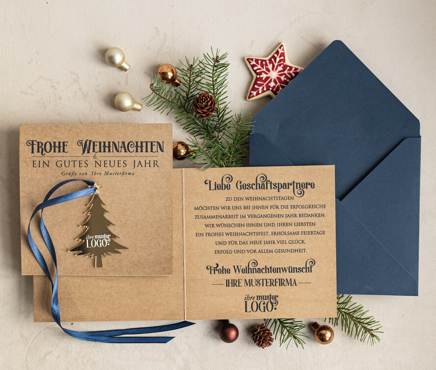 karten mit goldener Plexi-Anhänger Exklusive Weihnachtskarte mit goldenem Plexi-Anhänger, mit Schleife, Firmen-Weihnachtskarten, mit Bändern, Individuelle für Firmen