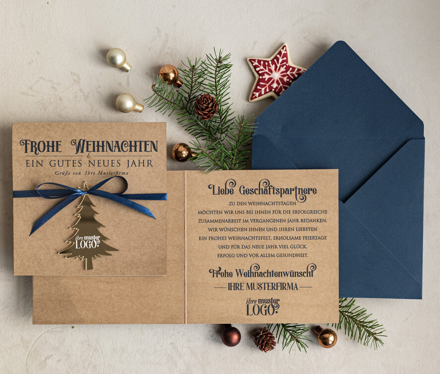 karten mit goldener Plexi-Anhänger Exklusive Weihnachtskarte mit goldenem Plexi-Anhänger, mit Schleife, Firmen-Weihnachtskarten, mit Bändern, Individuelle für Firmen