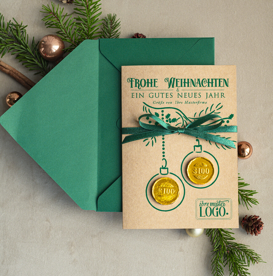 karten mit goldener Plexi-Anhänger Exklusive Weihnachtskarte mit Schokoladen-Taler mit Schleife, Firmen-Weihnachtskarten, mit Bändern, Individuelle für Firmen