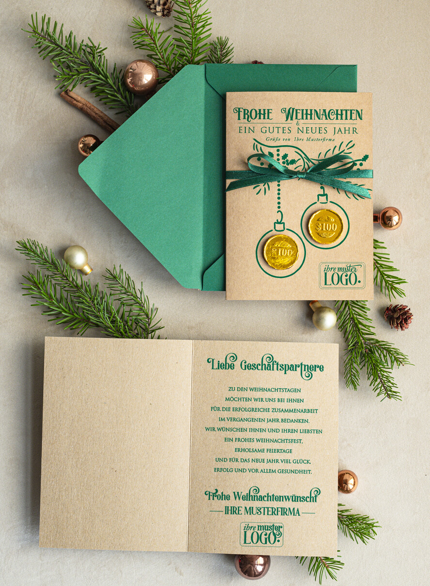 karten mit goldener Plexi-Anhänger Exklusive Weihnachtskarte mit Schokoladen-Taler mit Schleife, Firmen-Weihnachtskarten, mit Bändern, Individuelle für Firmen