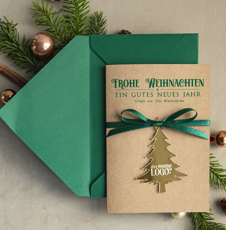 karten mit goldener Plexi-Anhänger Exklusive Weihnachtskarte mit goldenem Plexi-Anhänger, mit Schleife, Firmen-Weihnachtskarten, mit Bändern, Individuelle für Firmen