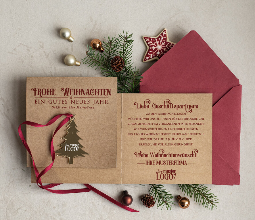 karten mit goldener Plexi-Anhänger Exklusive Weihnachtskarte mit goldenem Plexi-Anhänger, mit Schleife, Firmen-Weihnachtskarten, mit Bändern, Individuelle für Firmen