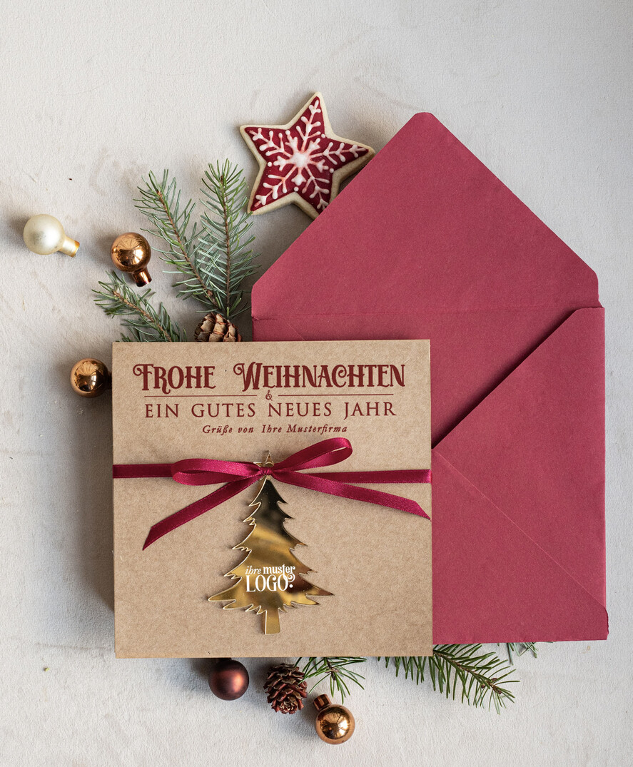 karten mit goldener Plexi-Anhänger Exklusive Weihnachtskarte mit goldenem Plexi-Anhänger, mit Schleife, Firmen-Weihnachtskarten, mit Bändern, Individuelle für Firmen