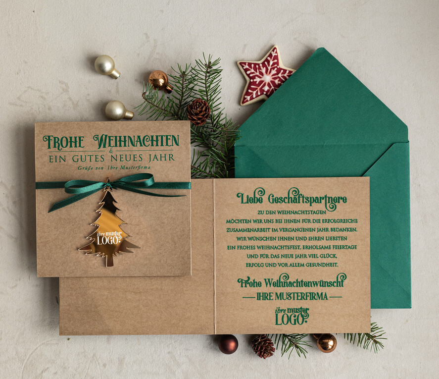karten mit goldener Plexi-Anhänger Exklusive Weihnachtskarte mit goldenem Plexi-Anhänger, mit Schleife, Firmen-Weihnachtskarten, mit Bändern, Individuelle für Firmen