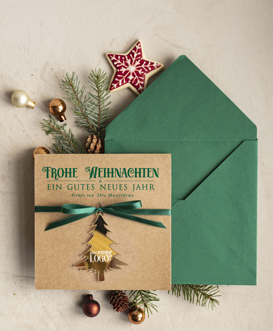 karten mit goldener Plexi-Anhänger Exklusive Weihnachtskarte mit goldenem Plexi-Anhänger, mit Schleife, Firmen-Weihnachtskarten, mit Bändern, Individuelle für Firmen