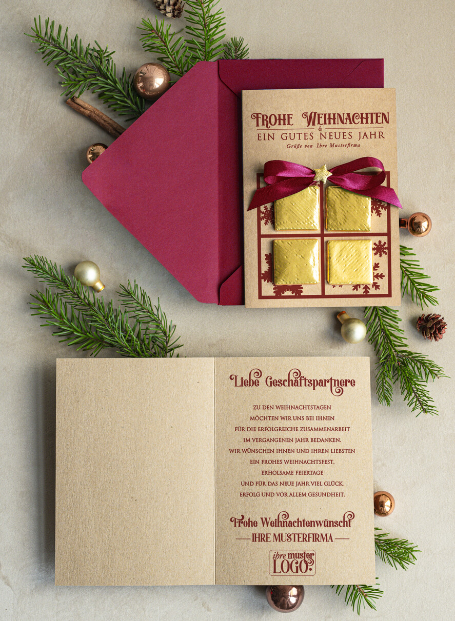 karten mit goldener Plexi-Anhänger Exklusive Weihnachtskarte mit Schokoladen-Taler mit Schleife, Firmen-Weihnachtskarten, mit Bändern, Individuelle für Firmen