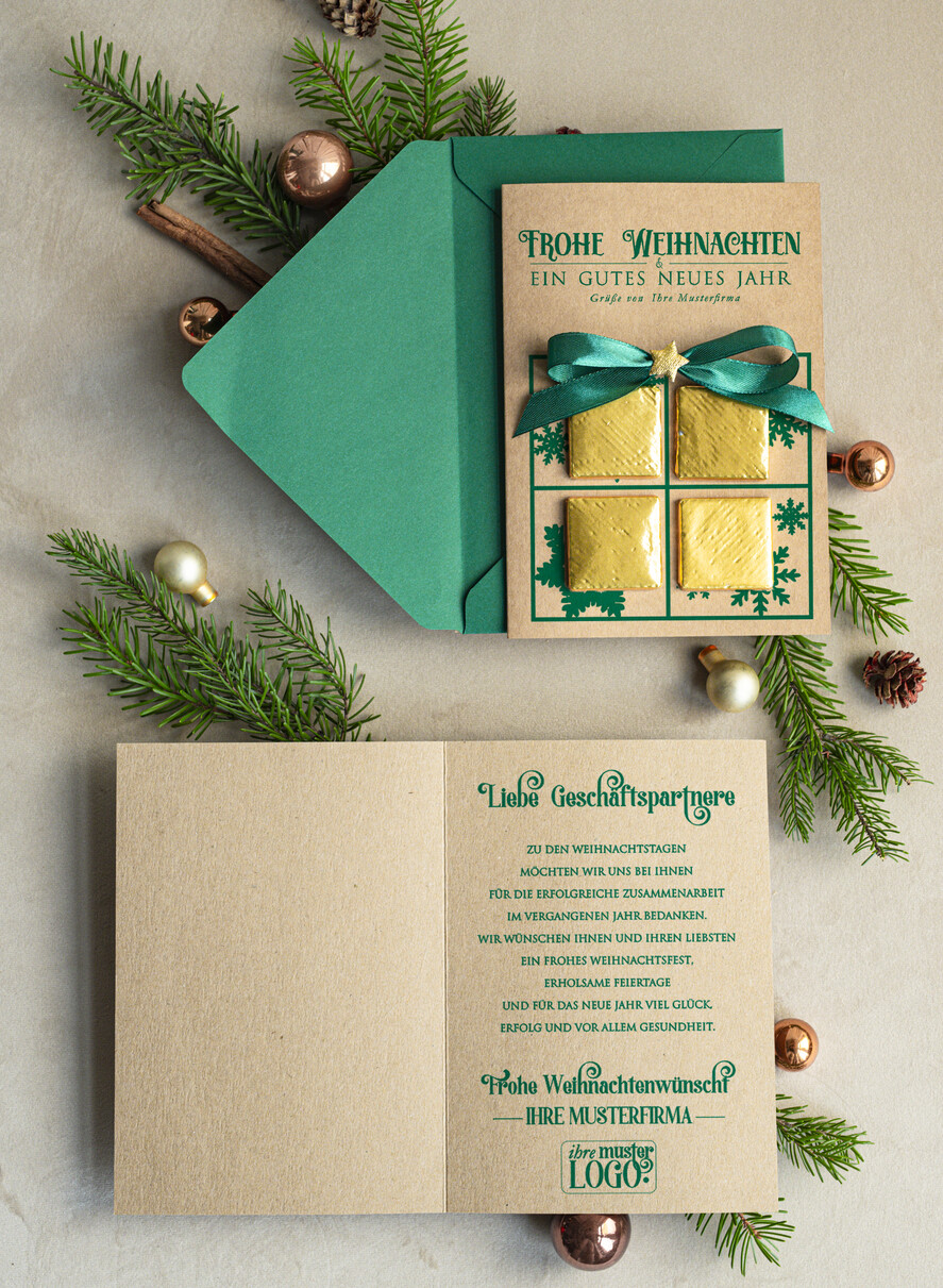 karten mit goldener Plexi-Anhänger Exklusive Weihnachtskarte mit Schokoladen-Taler mit Schleife, Firmen-Weihnachtskarten, mit Bändern, Individuelle für Firmen