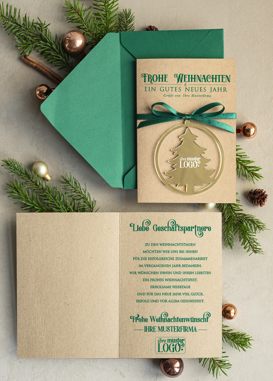 karten mit goldener Plexi-Anhänger Exklusive Weihnachtskarte mit goldenem Plexi-Anhänger, mit Schleife, Firmen-Weihnachtskarten, mit Bändern, Individuelle für Firmen