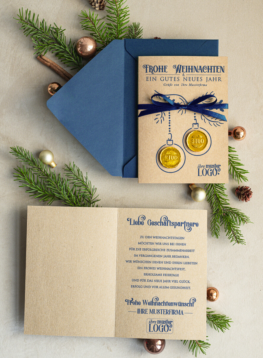 karten mit goldener Plexi-Anhänger Exklusive Weihnachtskarte mit Schokoladen-Taler mit Schleife, Firmen-Weihnachtskarten, mit Bändern, Individuelle für Firmen