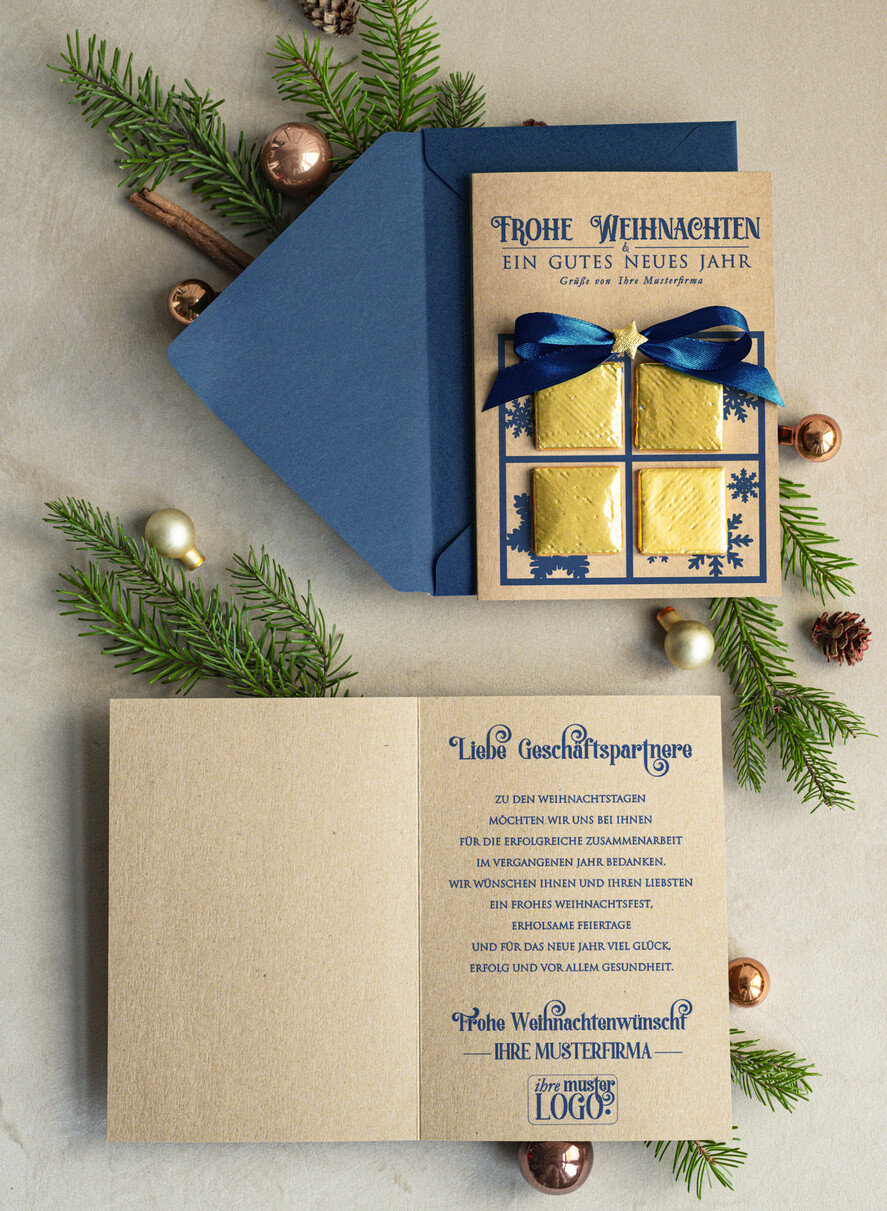 karten mit goldener Plexi-Anhänger Exklusive Weihnachtskarte mit Schokoladen-Taler mit Schleife, Firmen-Weihnachtskarten, mit Bändern, Individuelle für Firmen