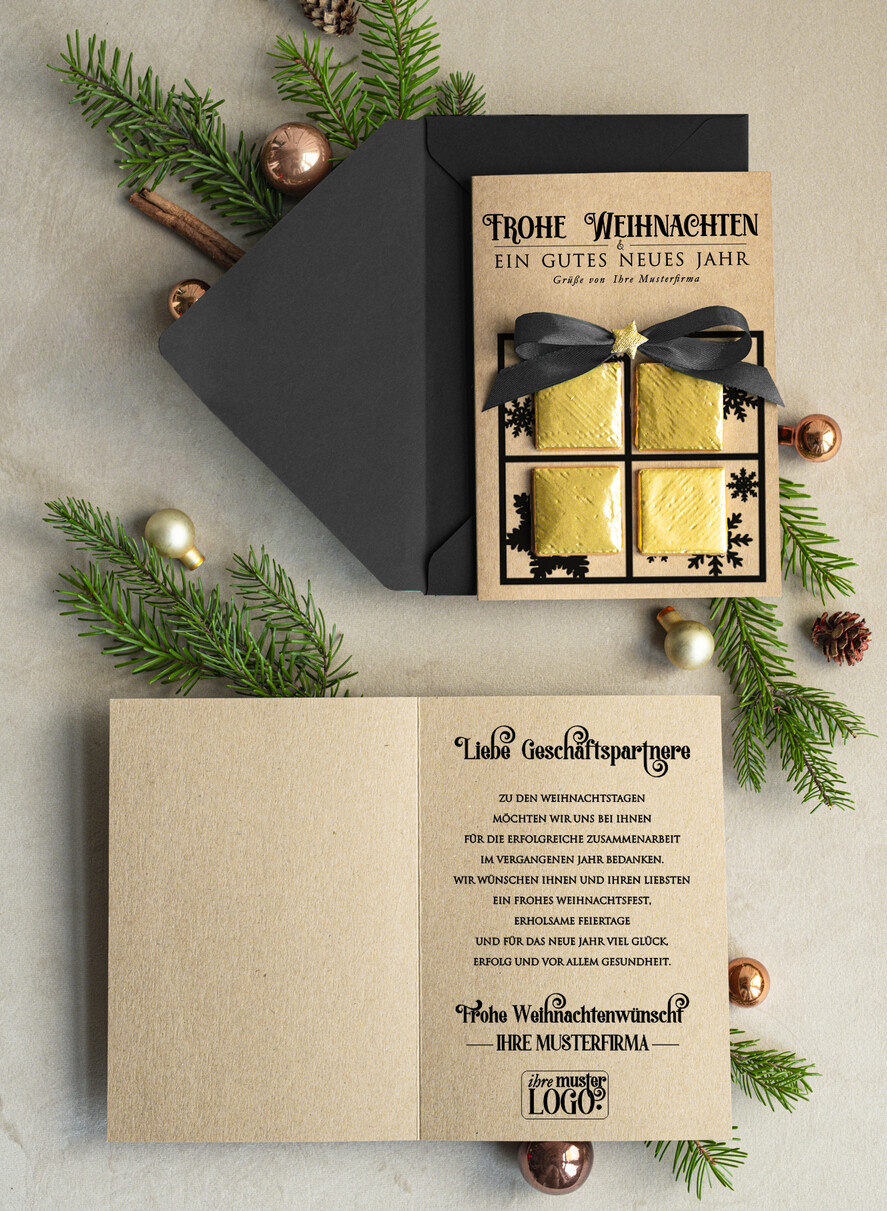 karten mit goldener Plexi-Anhänger Exklusive Weihnachtskarte mit Schokoladen-Taler mit Schleife, Firmen-Weihnachtskarten, mit Bändern, Individuelle für Firmen