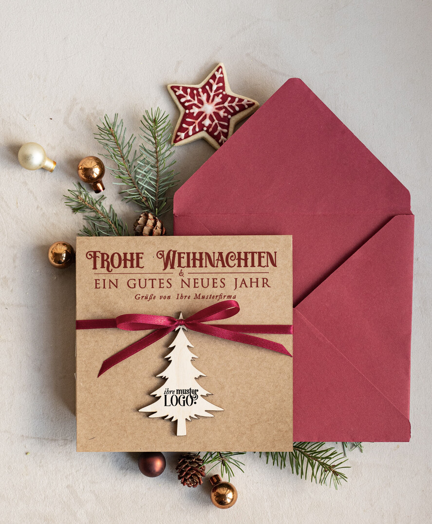 karten mit Anhänger aus Holz Exklusive Weihnachtskarte mit Holz-Anhänger mit Schleife, Firmen-Weihnachtskarten, mit Bändern, Individuelle für Firmen