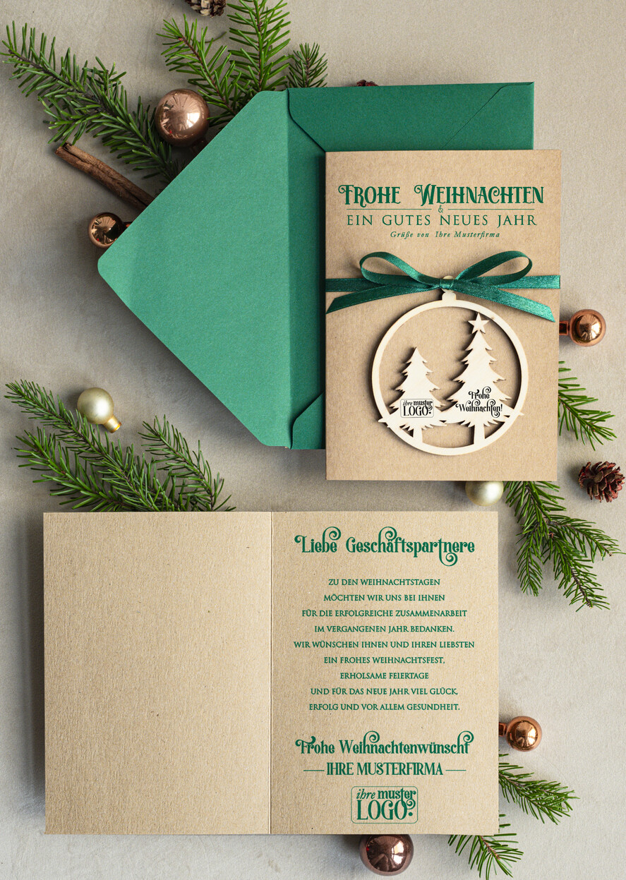karten mit Anhänger aus Holz Exklusive Weihnachtskarte mit Holz-Anhänger mit Schleife, Firmen-Weihnachtskarten, mit Bändern, Individuelle für Firmen