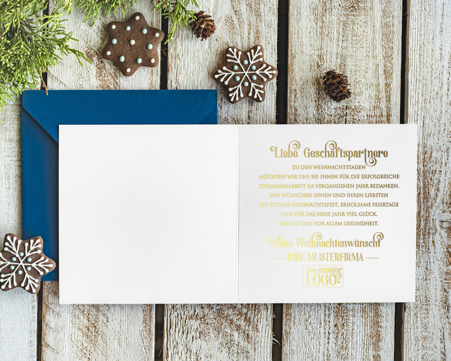 karten golden Exklusive Weihnachtskarte mit Goldfolie für Geschäftspartner Weihnachtskarten mit Goldfolie, Exklusive Weihnachtskarten für Geschäftspartner, Geschäftliche Weihnachtskarte edel, Weihnachtskarten mit Logo
