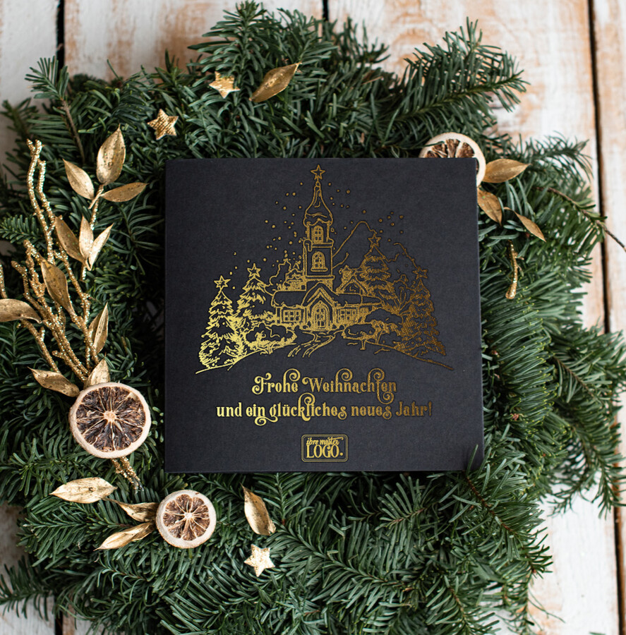 karten golden Exklusive Weihnachtskarte mit Goldfolie für Geschäftspartner Weihnachtskarten mit Goldfolie, Exklusive Weihnachtskarten für Geschäftspartner, Geschäftliche Weihnachtskarte edel, Weihnachtskarten mit Logo