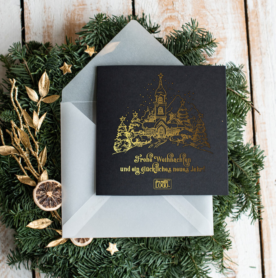 karten golden Exklusive Weihnachtskarte mit Goldfolie für Geschäftspartner Weihnachtskarten mit Goldfolie, Exklusive Weihnachtskarten für Geschäftspartner, Geschäftliche Weihnachtskarte edel, Weihnachtskarten mit Logo