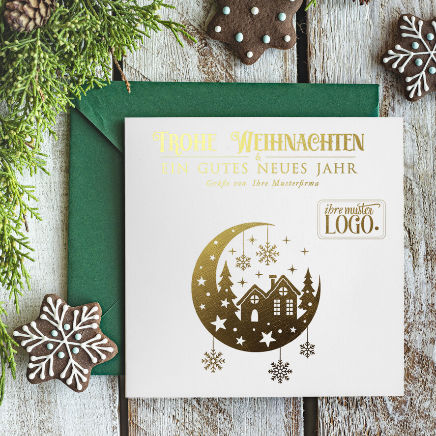 karten golden Exklusive Weihnachtskarte mit Goldfolie für Geschäftspartner Weihnachtskarten mit Goldfolie, Exklusive Weihnachtskarten für Geschäftspartner, Geschäftliche Weihnachtskarte edel, Weihnachtskarten mit Logo