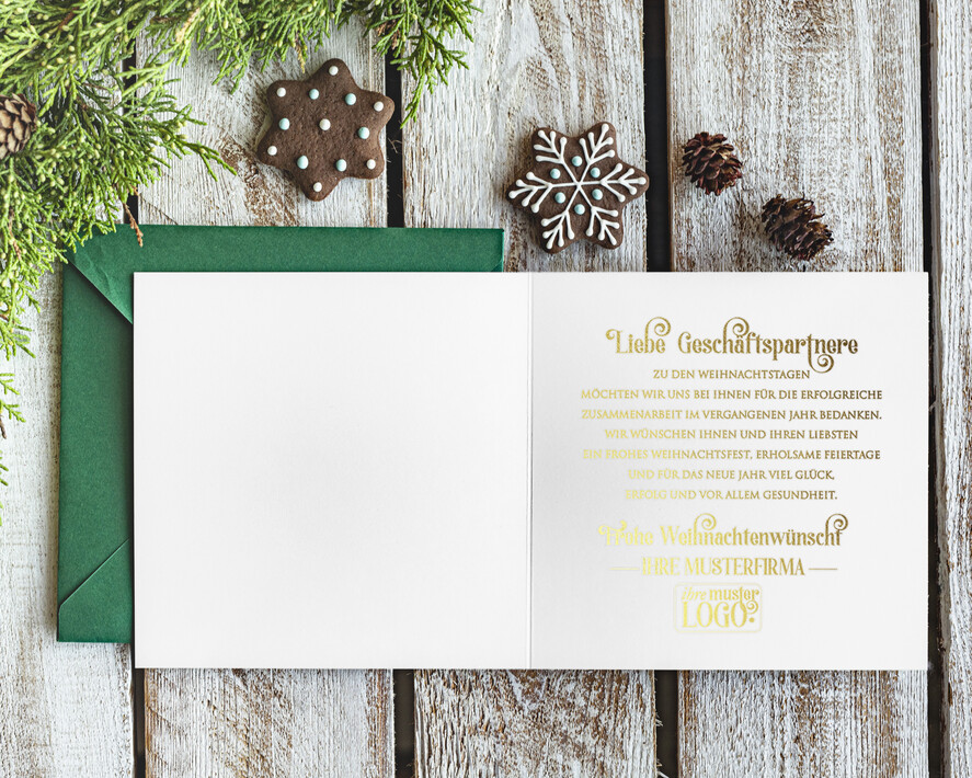 karten golden Exklusive Weihnachtskarte mit Goldfolie für Geschäftspartner Weihnachtskarten mit Goldfolie, Exklusive Weihnachtskarten für Geschäftspartner, Geschäftliche Weihnachtskarte edel, Weihnachtskarten mit Logo