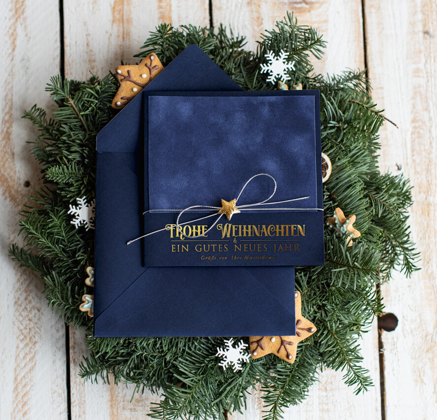 karten Satinband gold Weihnachtskarten mit Goldfolie, Exklusive Weihnachtskarten mit Schleifen, Elegante Firmen-Weihnachtskarten, Weihnachtskarten mit Bändern, Individuelle Weihnachtskarten für Firmen