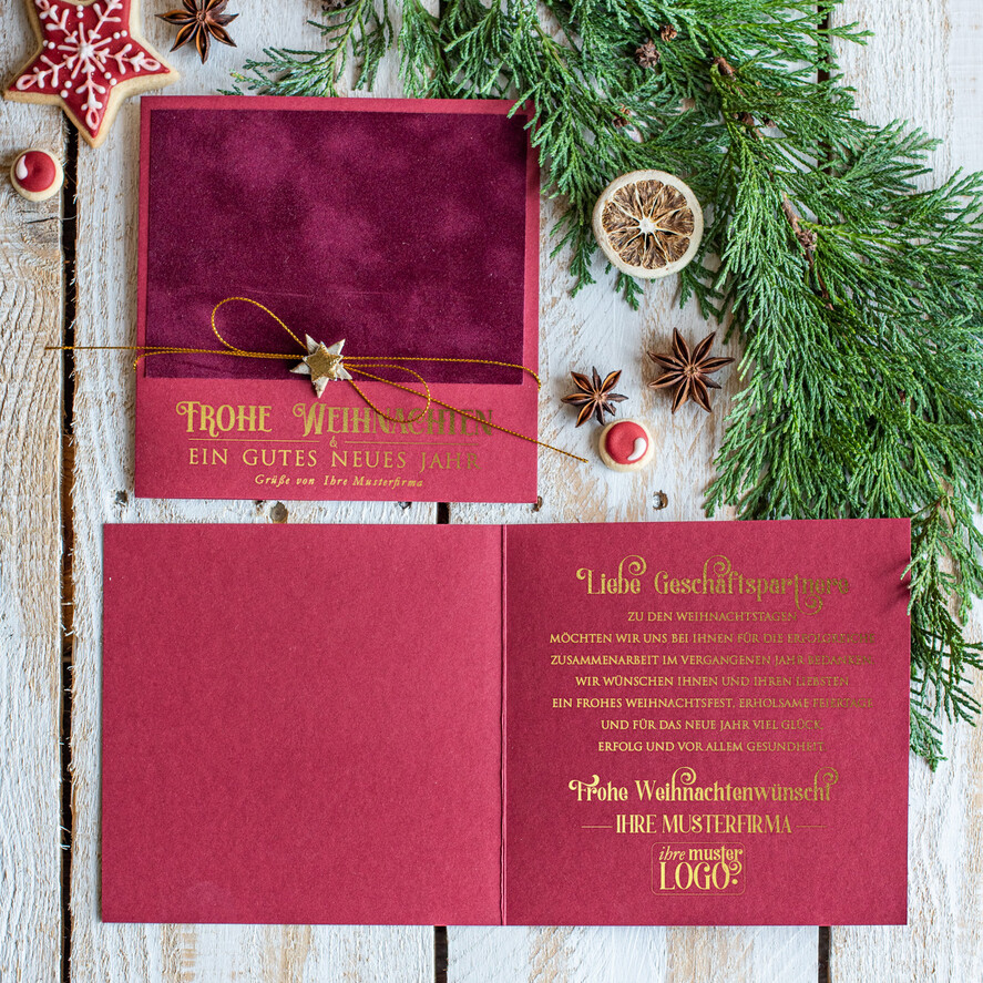 karten Satinband gold Weihnachtskarten mit Goldfolie, Exklusive Weihnachtskarten mit Schleifen, Elegante Firmen-Weihnachtskarten, Weihnachtskarten mit Bändern, Individuelle Weihnachtskarten für Firmen