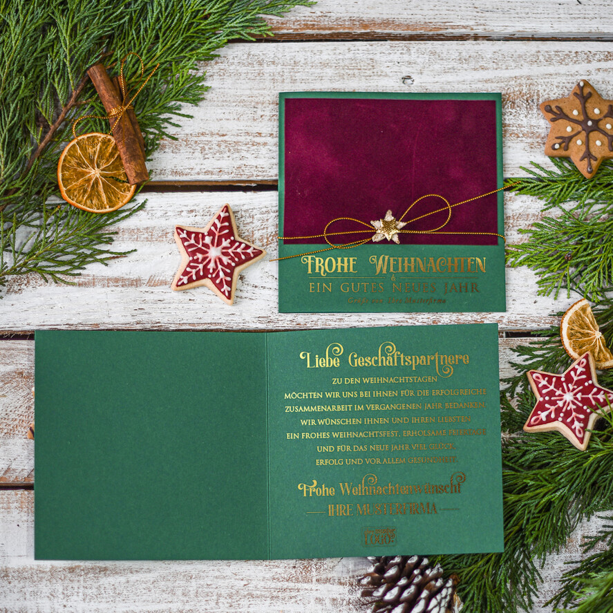 karten Satinband gold Weihnachtskarten mit Goldfolie, Exklusive Weihnachtskarten mit Schleifen, Elegante Firmen-Weihnachtskarten, Weihnachtskarten mit Bändern, Individuelle Weihnachtskarten für Firmen