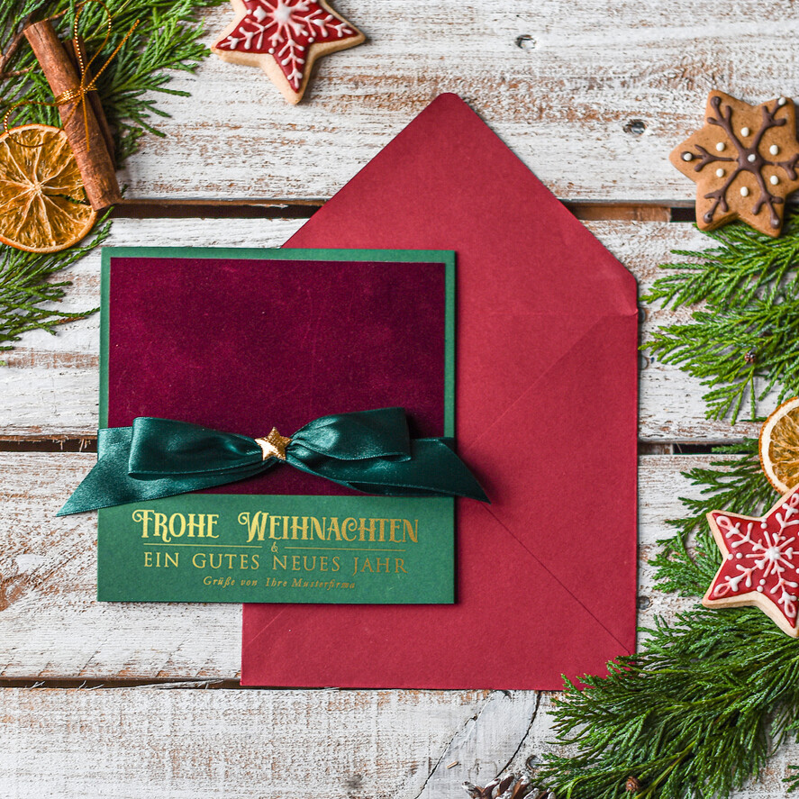 karten Satinband gold Weihnachtskarten mit Goldfolie, Exklusive Weihnachtskarten mit Schleifen, Elegante Firmen-Weihnachtskarten, Weihnachtskarten mit Bändern, Individuelle Weihnachtskarten für Firmen