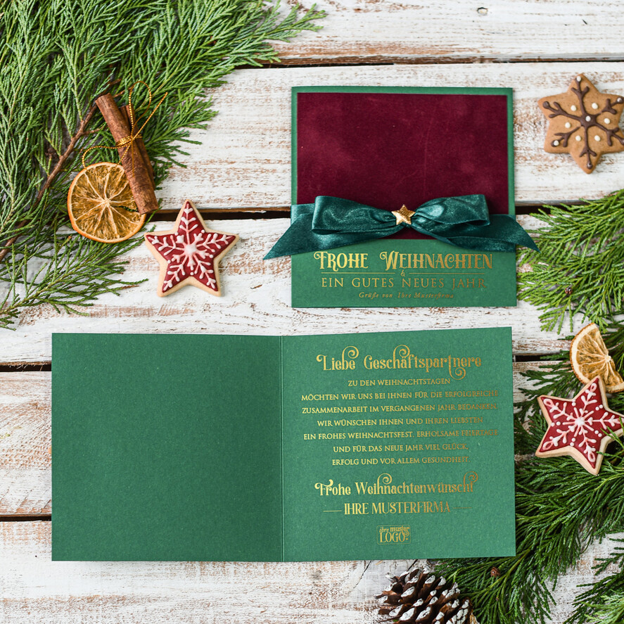 karten Satinband gold Weihnachtskarten mit Goldfolie, Exklusive Weihnachtskarten mit Schleifen, Elegante Firmen-Weihnachtskarten, Weihnachtskarten mit Bändern, Individuelle Weihnachtskarten für Firmen