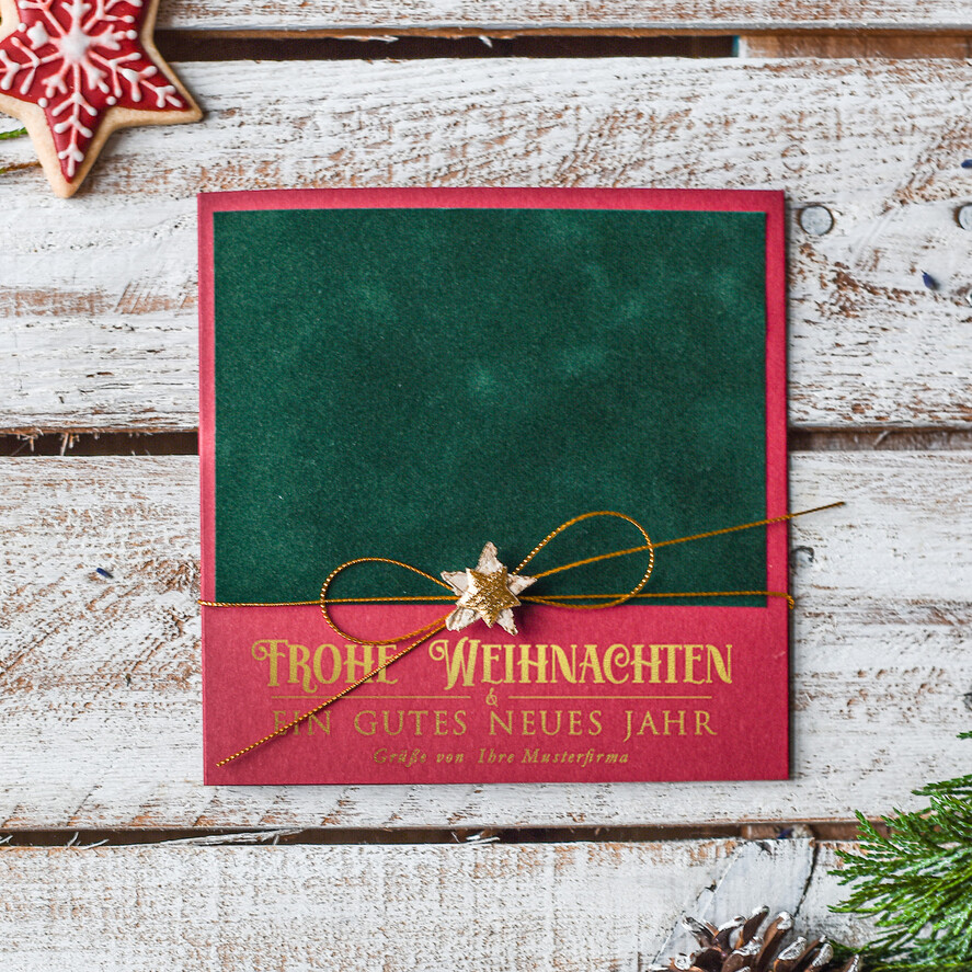 karten Satinband gold Weihnachtskarten mit Goldfolie, Exklusive Weihnachtskarten mit Schleifen, Elegante Firmen-Weihnachtskarten, Weihnachtskarten mit Bändern, Individuelle Weihnachtskarten für Firmen