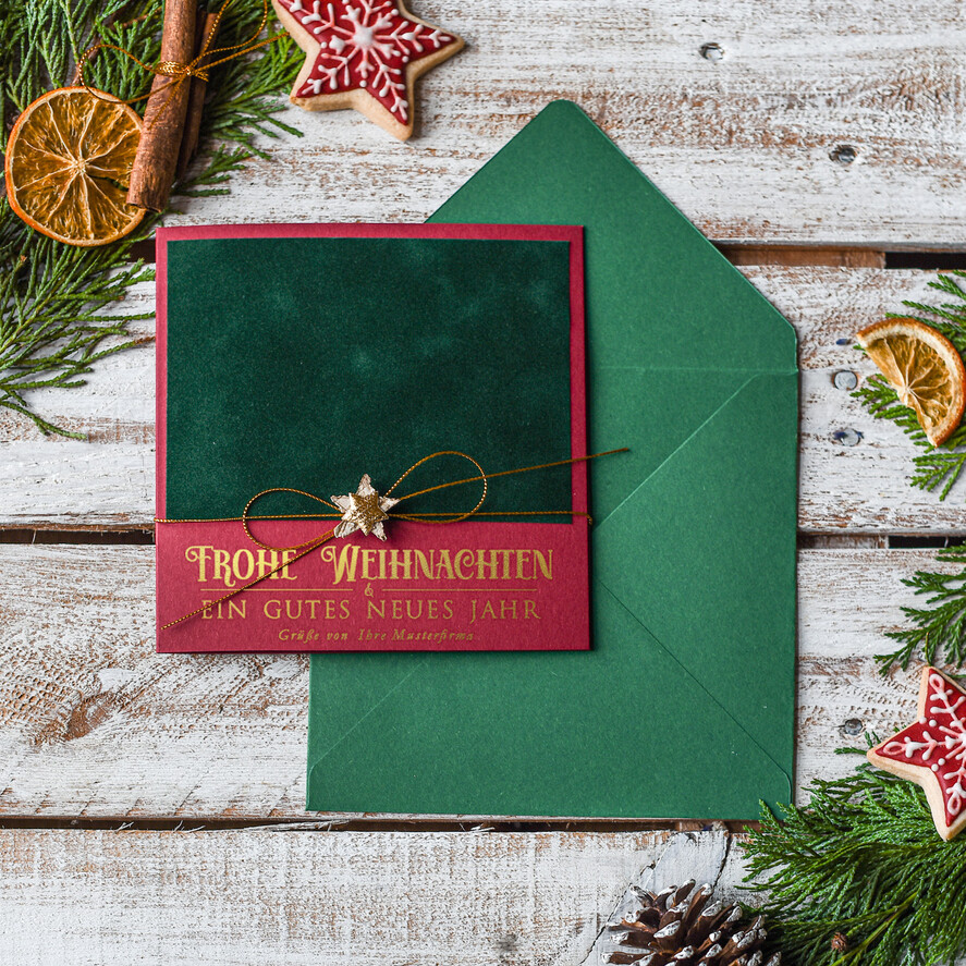 karten Satinband gold Weihnachtskarten mit Goldfolie, Exklusive Weihnachtskarten mit Schleifen, Elegante Firmen-Weihnachtskarten, Weihnachtskarten mit Bändern, Individuelle Weihnachtskarten für Firmen