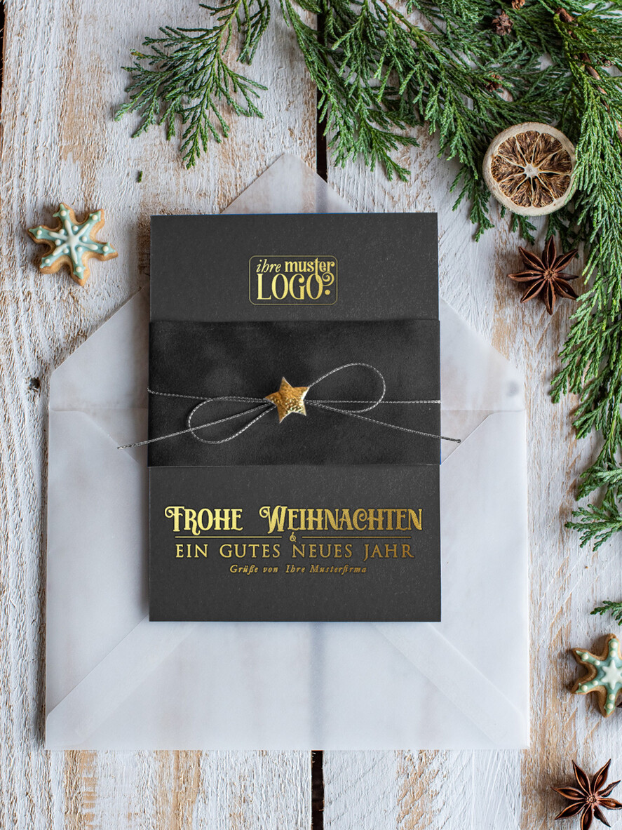 karten Satinband gold Weihnachtskarten mit Goldfolie, Exklusive Weihnachtskarten mit Schleifen, Elegante Firmen-Weihnachtskarten, Weihnachtskarten mit Bändern, Individuelle Weihnachtskarten für Firmen