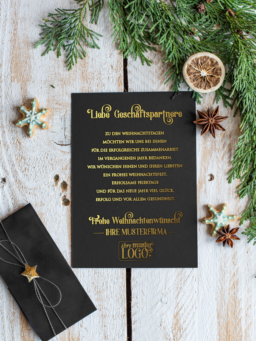karten Satinband gold Weihnachtskarten mit Goldfolie, Exklusive Weihnachtskarten mit Schleifen, Elegante Firmen-Weihnachtskarten, Weihnachtskarten mit Bändern, Individuelle Weihnachtskarten für Firmen