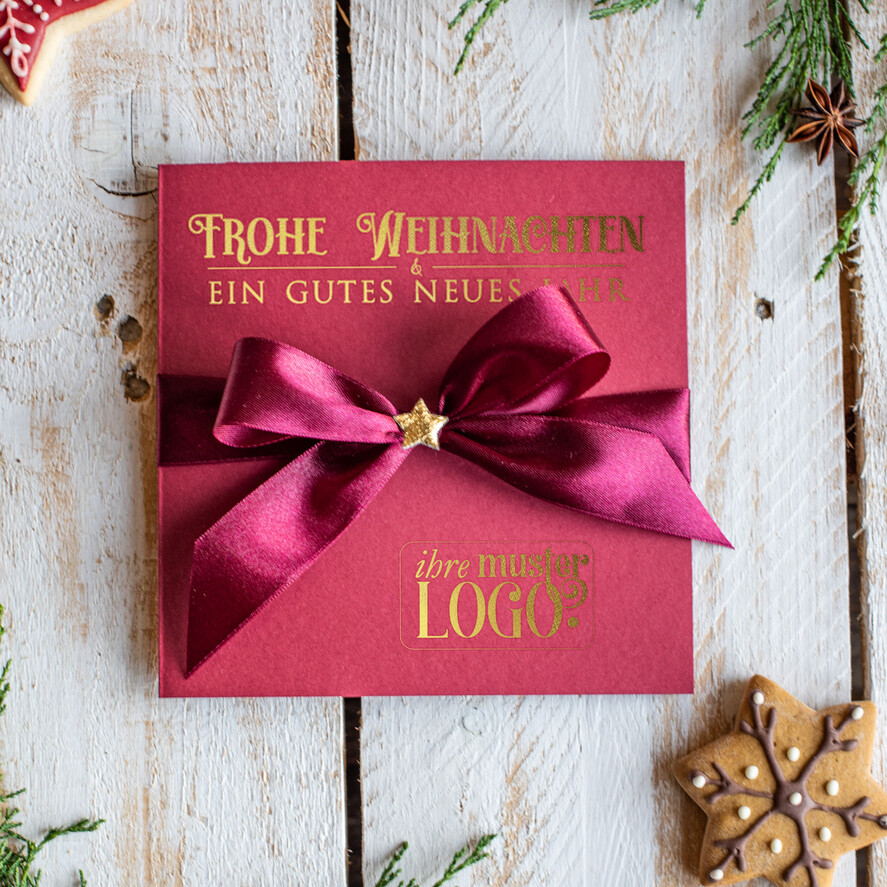 karten Satinband gold Weihnachtskarten mit Goldfolie, Exklusive Weihnachtskarten mit Schleifen, Elegante Firmen-Weihnachtskarten, Weihnachtskarten mit Bändern, Individuelle Weihnachtskarten für Firmen