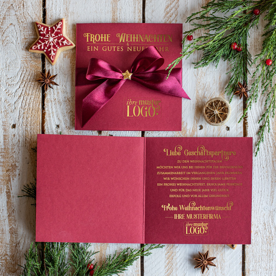 karten Satinband gold Weihnachtskarten mit Goldfolie, Exklusive Weihnachtskarten mit Schleifen, Elegante Firmen-Weihnachtskarten, Weihnachtskarten mit Bändern, Individuelle Weihnachtskarten für Firmen