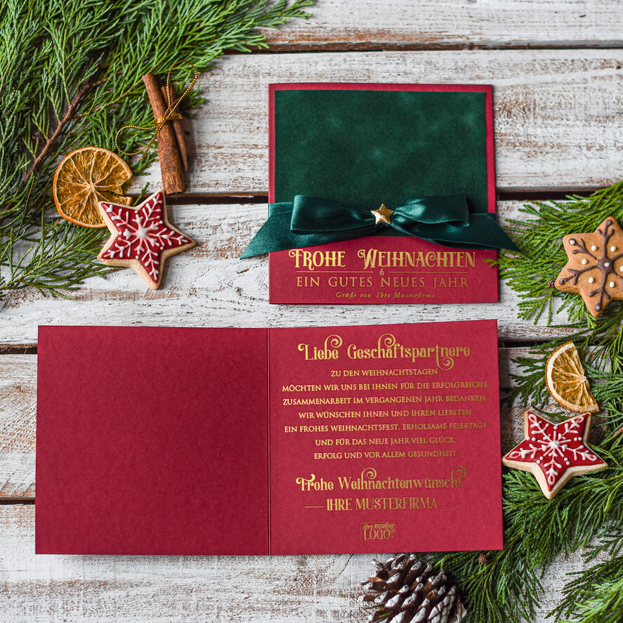 karten Satinband gold Weihnachtskarten mit Goldfolie, Exklusive Weihnachtskarten mit Schleifen, Elegante Firmen-Weihnachtskarten, Weihnachtskarten mit Bändern, Individuelle Weihnachtskarten für Firmen