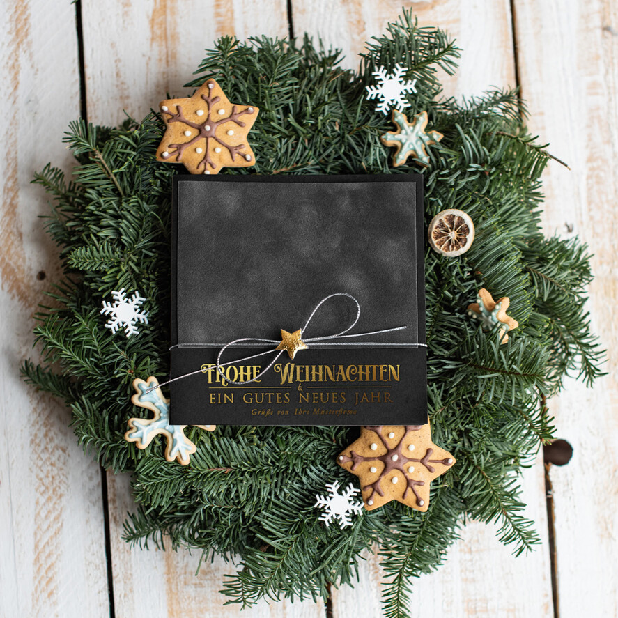 karten Satinband gold Weihnachtskarten mit Goldfolie, Exklusive Weihnachtskarten mit Schleifen, Elegante Firmen-Weihnachtskarten, Weihnachtskarten mit Bändern, Individuelle Weihnachtskarten für Firmen