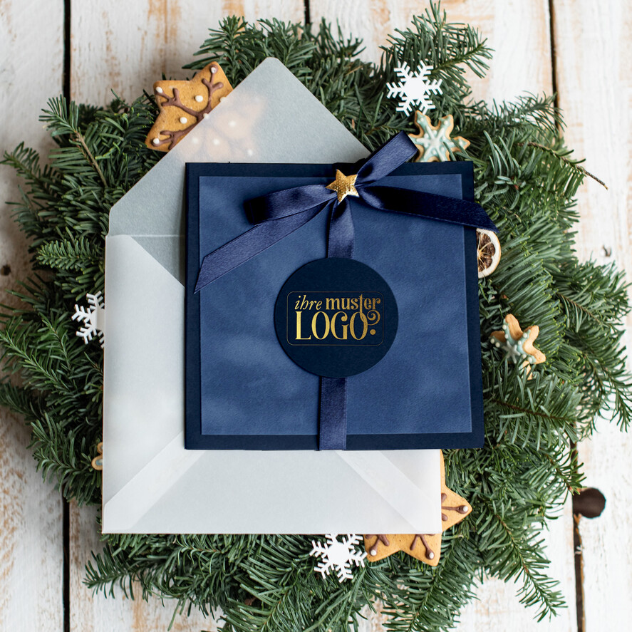 karten Satinband gold Weihnachtskarten mit Goldfolie, Exklusive Weihnachtskarten mit Schleifen, Elegante Firmen-Weihnachtskarten, Weihnachtskarten mit Bändern, Individuelle Weihnachtskarten für Firmen