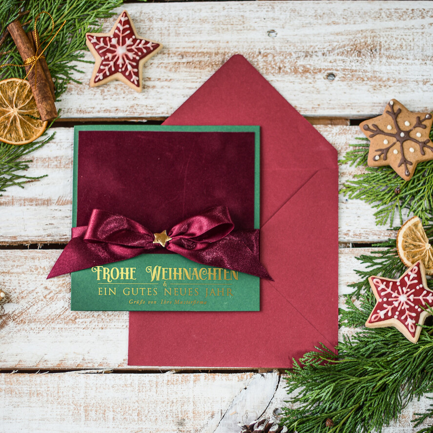 karten Satinband gold Weihnachtskarten mit Goldfolie, Exklusive Weihnachtskarten mit Schleifen, Elegante Firmen-Weihnachtskarten, Weihnachtskarten mit Bändern, Individuelle Weihnachtskarten für Firmen