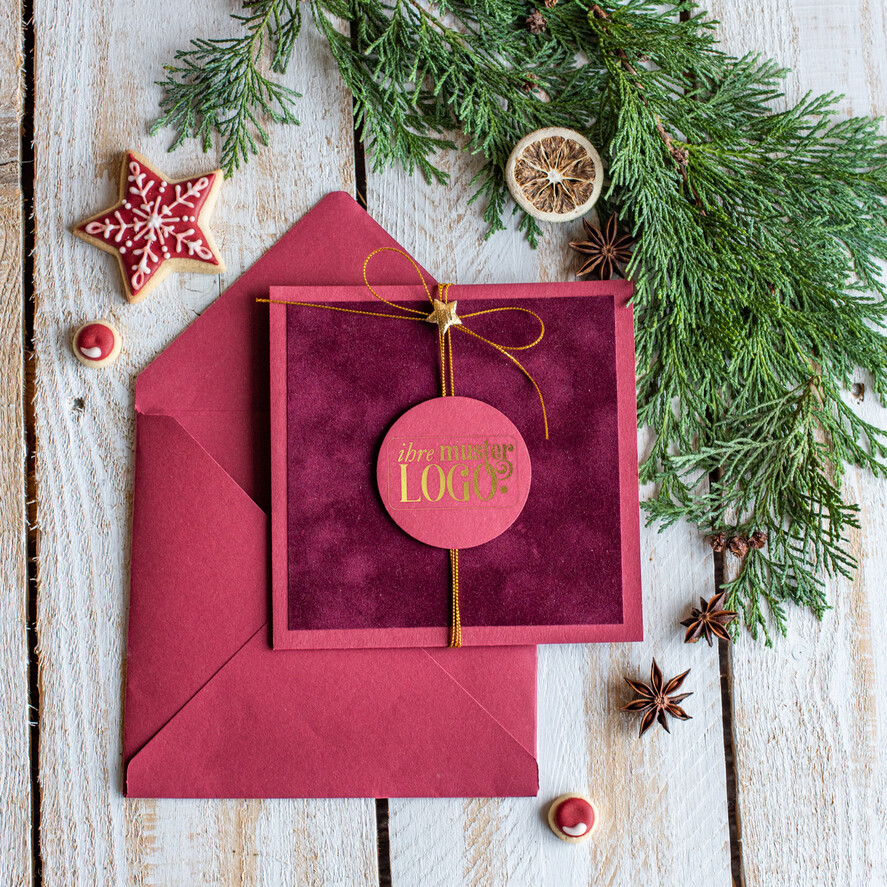 karten Satinband gold Weihnachtskarten mit Goldfolie, Exklusive Weihnachtskarten mit Schleifen, Elegante Firmen-Weihnachtskarten, Weihnachtskarten mit Bändern, Individuelle Weihnachtskarten für Firmen