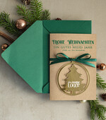 karten mit goldener Plexi-Anhänger Exklusive Weihnachtskarte mit goldenem Plexi-Anhänger, mit Schleife, Firmen-Weihnachtskarten, mit Bändern, Individuelle für Firmen2