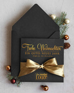 karten Satinband gold Weihnachtskarten mit Goldfolie, Exklusive Weihnachtskarten mit Schleife, Geschäftliche Weihnachtskarte edel, Weihnachtskarten mit Satinband, Individuelle Weihnachtskarten für Unternehmen2
